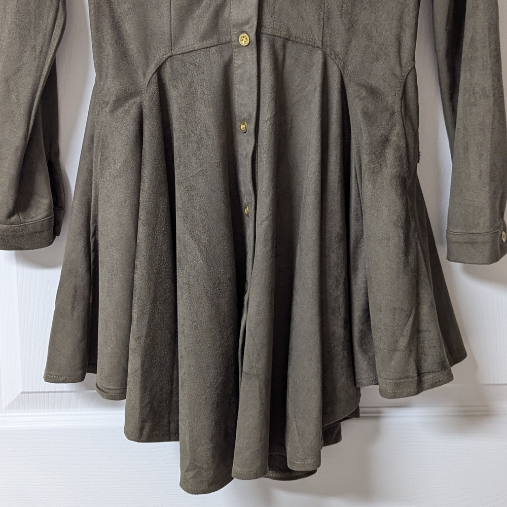 Women's Olive Green Button-Front Flared Suede Shirt Dress - Picture 4 of 14
